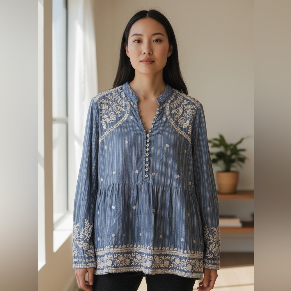 Johnny Was Blue and Cream Embroidered Blouse: Never Worn